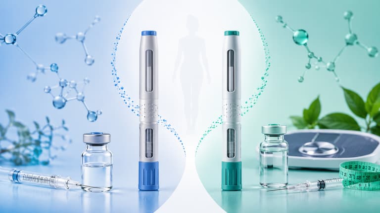 Canetas aplicadoras de medicamentos injetáveis ao lado de frascos e seringas com comparação entre tirzepatida e semaglutida no tratamento do diabetes tipo 2 e controle do peso.