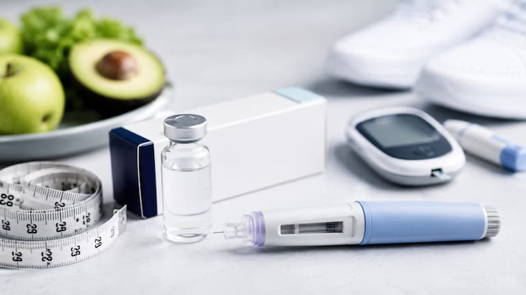 Caneta de semaglutida ao lado de alimentos saudáveis, fita métrica e medidor de glicose, com o uso do medicamento no controle do diabetes tipo 2 e no manejo do peso corporal.