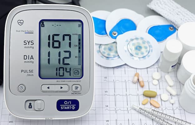 esquecer-remedio-pressao (2) Medidor de pressão arterial exibindo 167 por 112 mmHg e pulso de 104 bpm, ao lado de medicamentos, eletrodos e materiais médicos sobre um eletrocardiograma.