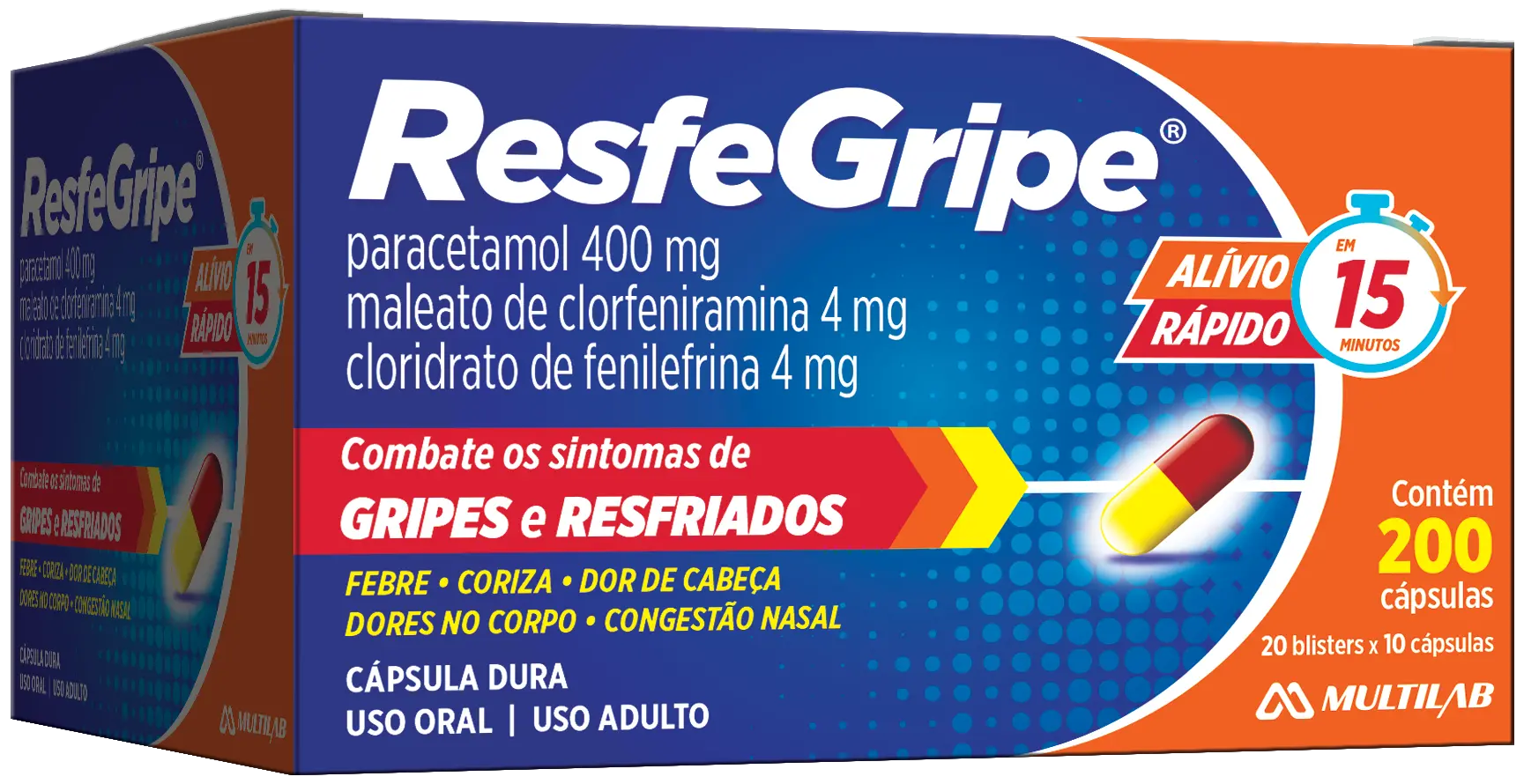 imagem de Resfegripe 400 + 4 + 4mg com 200 cápsulas duras Multilab